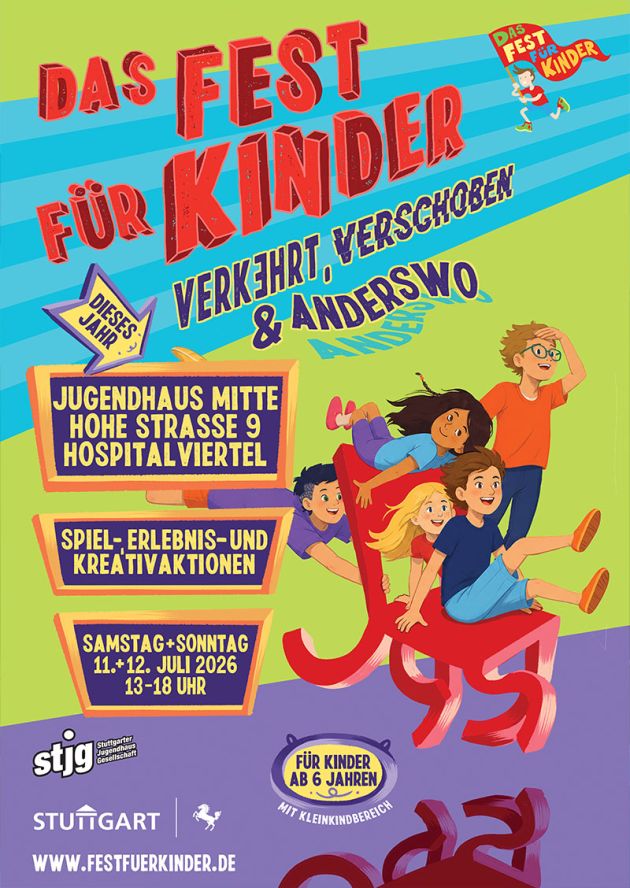 Das Plakat des Fest für Kinder 2025 - eine Illustration mit Waldtieren vor einer Bergkulisse mit blauem Himmel