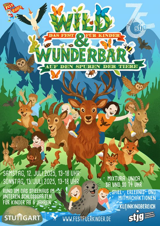 Das Plakat des Fest für Kinder 2025 - eine Illustration mit Waldtieren vor einer Bergkulisse mit blauem Himmel